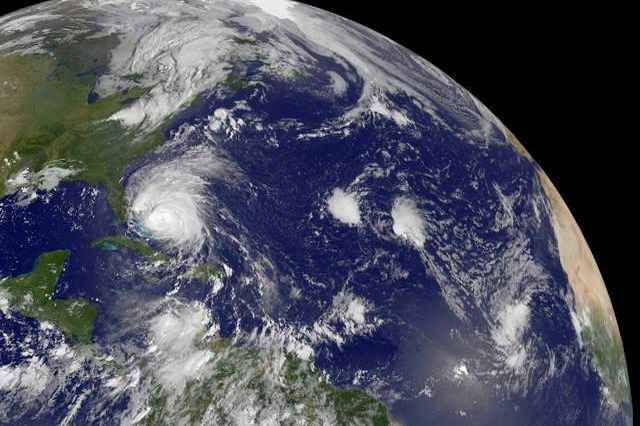 GOES-13 satellite image of Hurricane Irene moving through the Bahamas earlier this morning